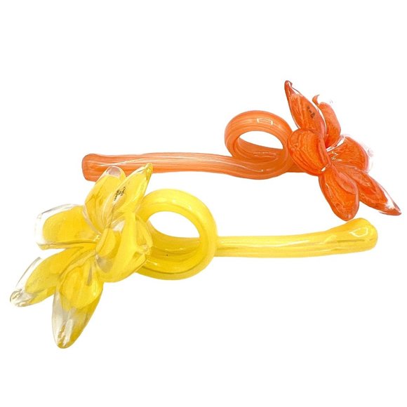 Murano Italian Glass Flower Napkin Ring Set of 6 Holders Yellow Orange & Green - Picture 5 of 15